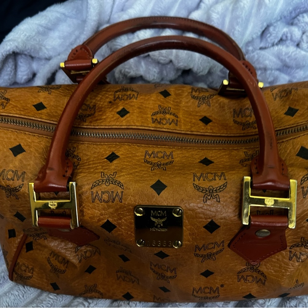 MCM Tan Visetos Handbag with Gold Accents